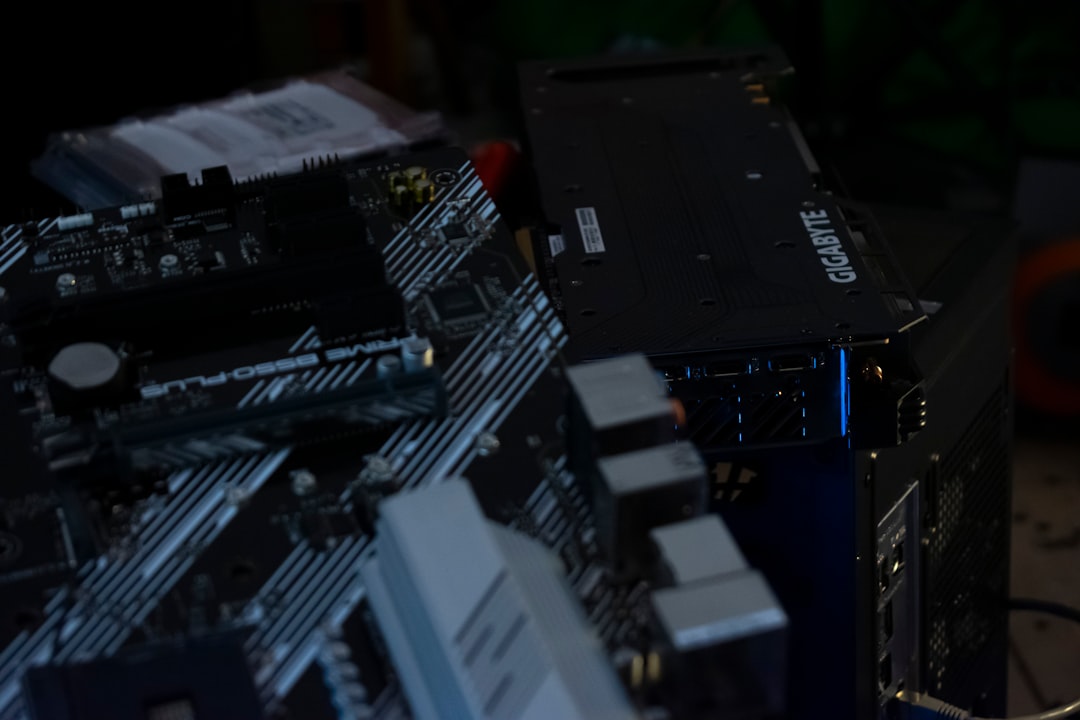 A computer motherboard and graphics card.