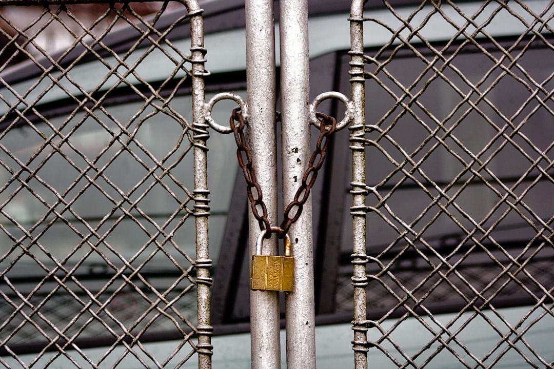 A chain and padlock secure a metal gate.